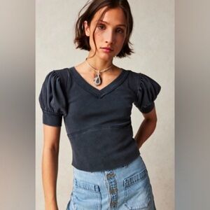 Free People We the Free Goddess Gray Puff Sleeve Crop Top Size XS